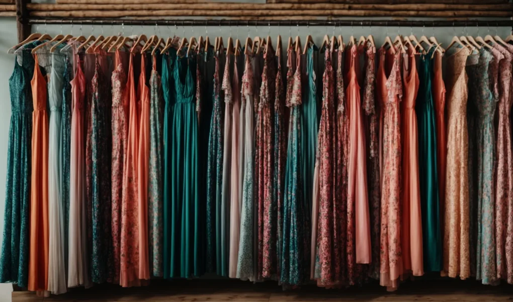 a row of vibrant plus-size maxi dresses hanging neatly in a boutique.
