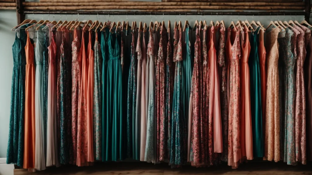a row of vibrant plus-size maxi dresses hanging neatly in a boutique.