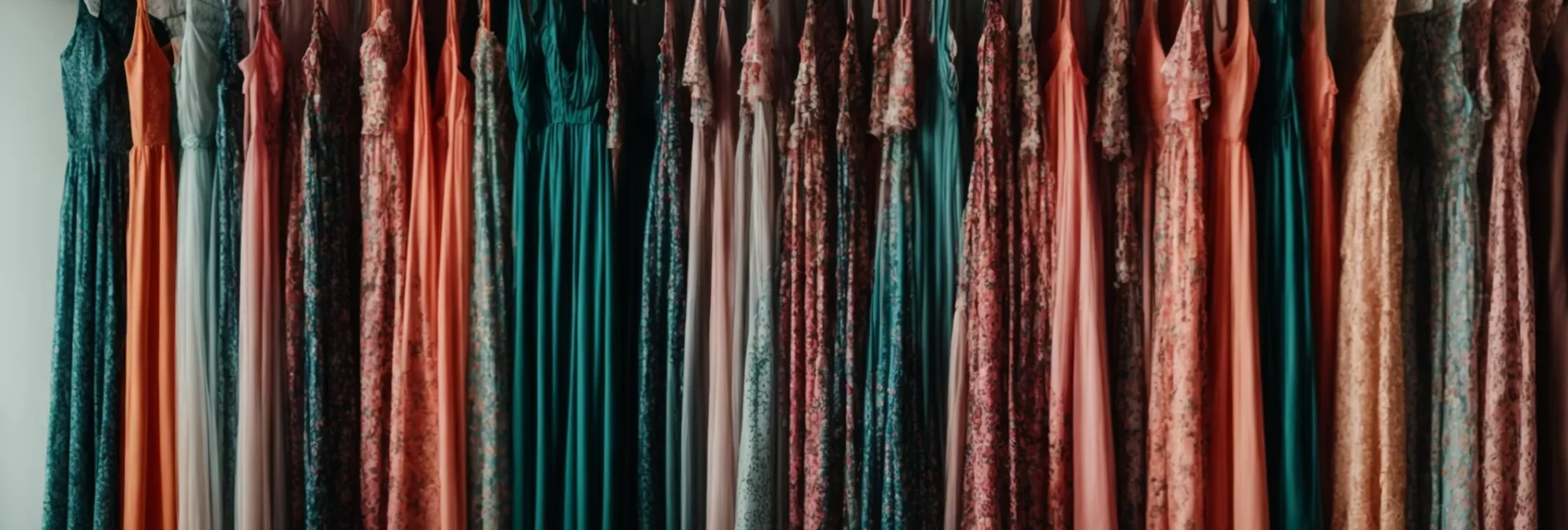 a row of vibrant plus-size maxi dresses hanging neatly in a boutique.