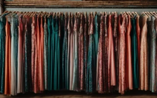 a row of vibrant plus-size maxi dresses hanging neatly in a boutique.