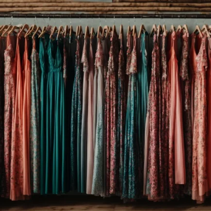 a row of vibrant plus-size maxi dresses hanging neatly in a boutique.