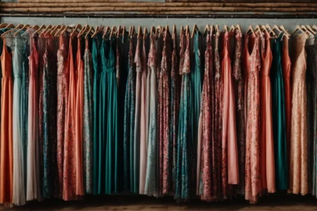 a row of vibrant plus-size maxi dresses hanging neatly in a boutique.