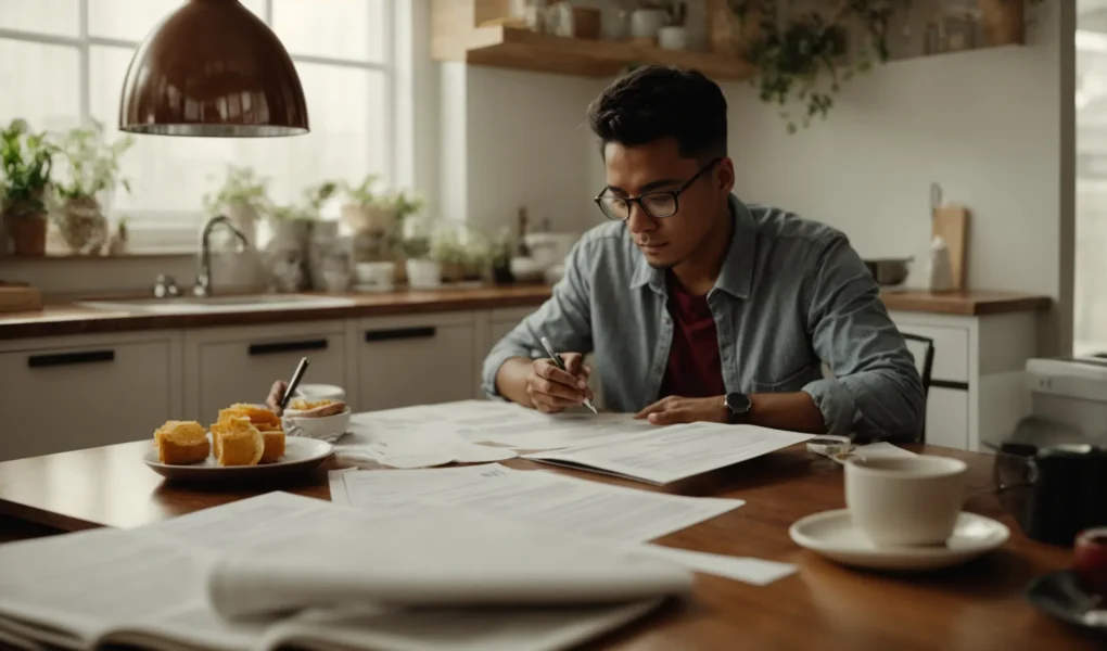 a person sitting at a kitchen table, surrounded by financial documents, having a discussion with a financial advisor.