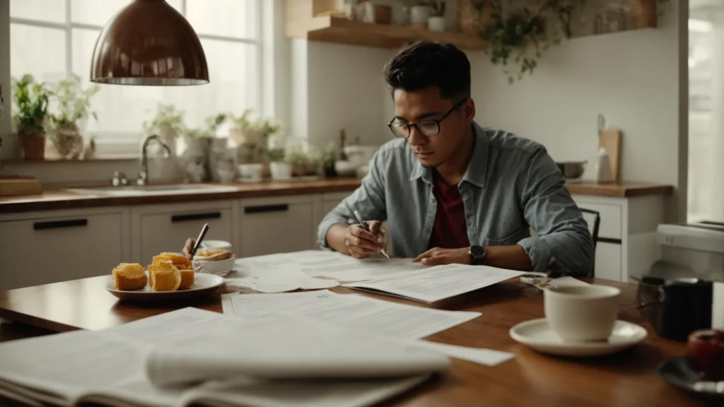 a person sitting at a kitchen table, surrounded by financial documents, having a discussion with a financial advisor.