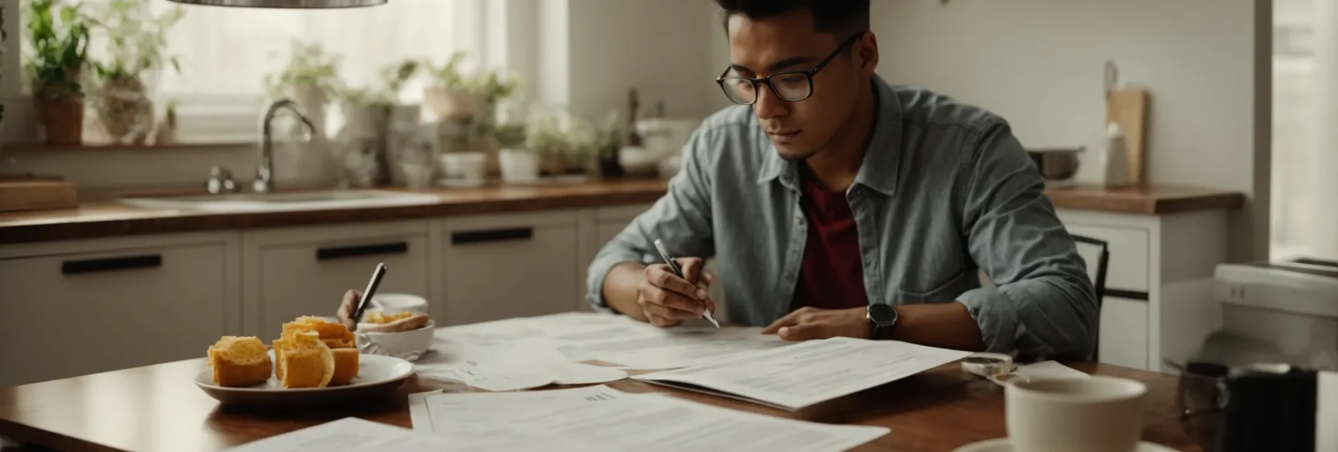 a person sitting at a kitchen table, surrounded by financial documents, having a discussion with a financial advisor.