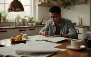 a person sitting at a kitchen table, surrounded by financial documents, having a discussion with a financial advisor.