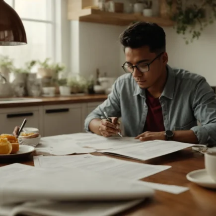 a person sitting at a kitchen table, surrounded by financial documents, having a discussion with a financial advisor.