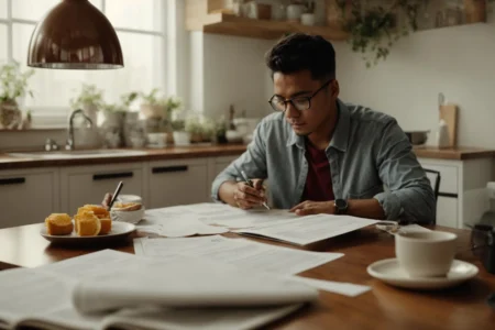 a person sitting at a kitchen table, surrounded by financial documents, having a discussion with a financial advisor.