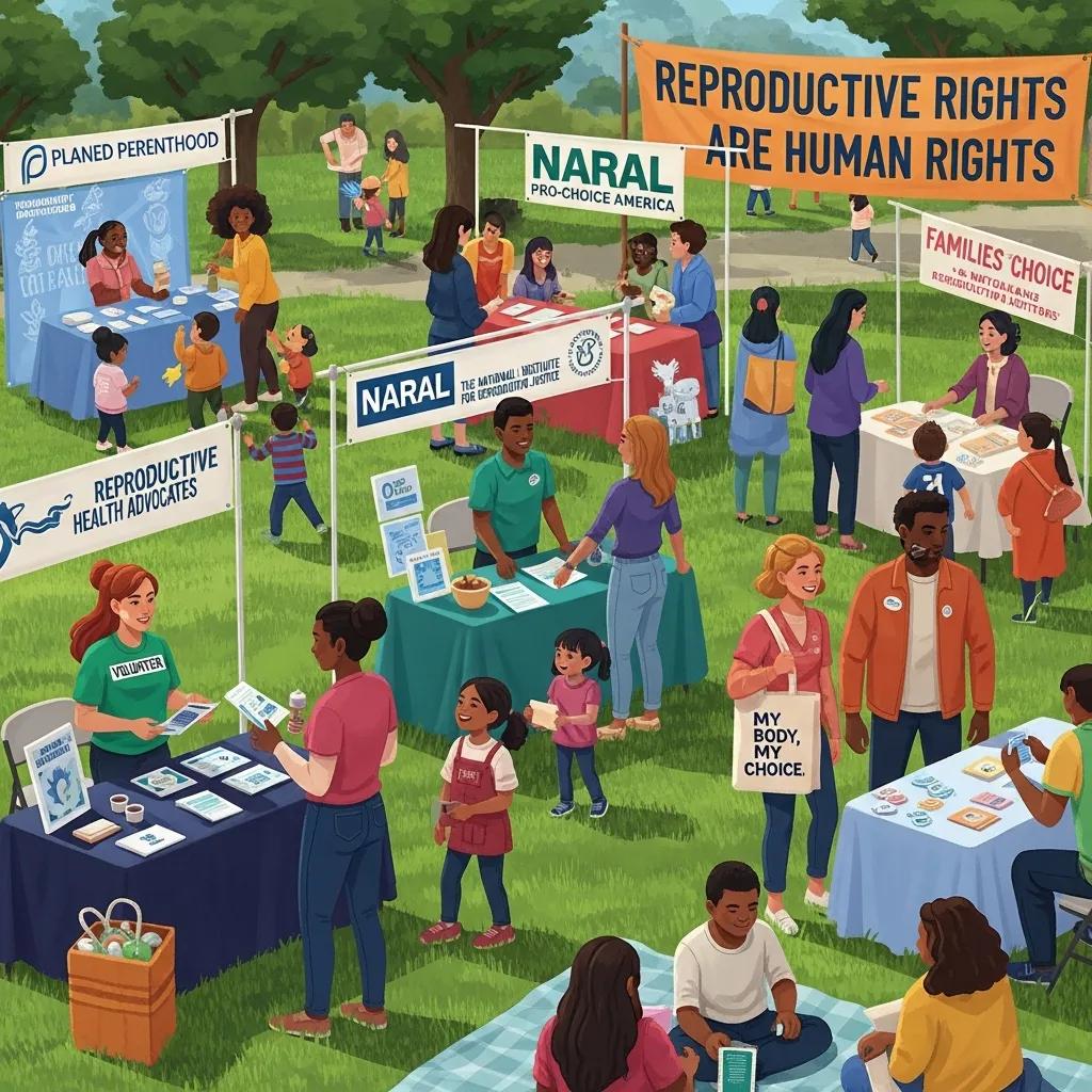 Community health fair showcasing organizations supporting reproductive rights, highlighting engagement and resources