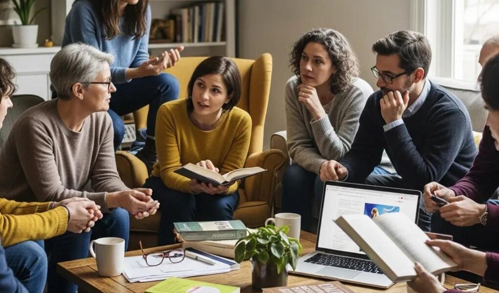 Diverse individuals discussing reproductive rights in a cozy setting, emphasizing health and family planning