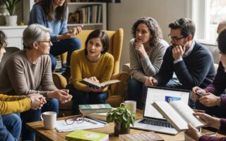 Diverse individuals discussing reproductive rights in a cozy setting, emphasizing health and family planning