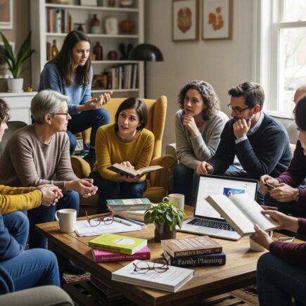 Diverse individuals discussing reproductive rights in a cozy setting, emphasizing health and family planning