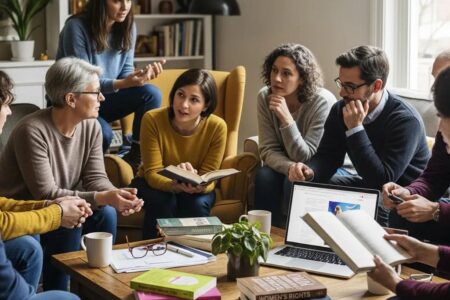 Diverse individuals discussing reproductive rights in a cozy setting, emphasizing health and family planning