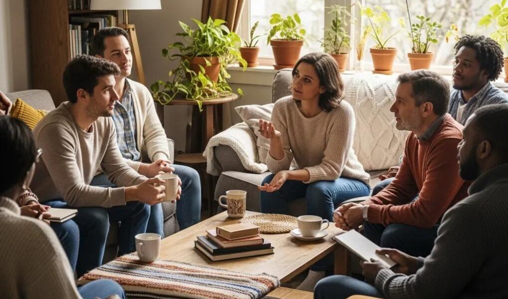 Diverse group discussing reproductive rights in a cozy living room