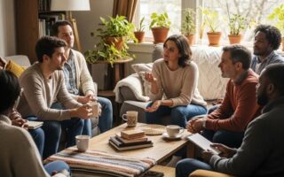 Diverse group discussing reproductive rights in a cozy living room
