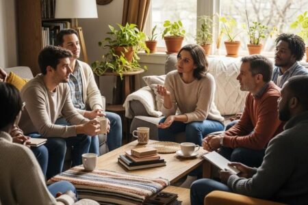 Diverse group discussing reproductive rights in a cozy living room