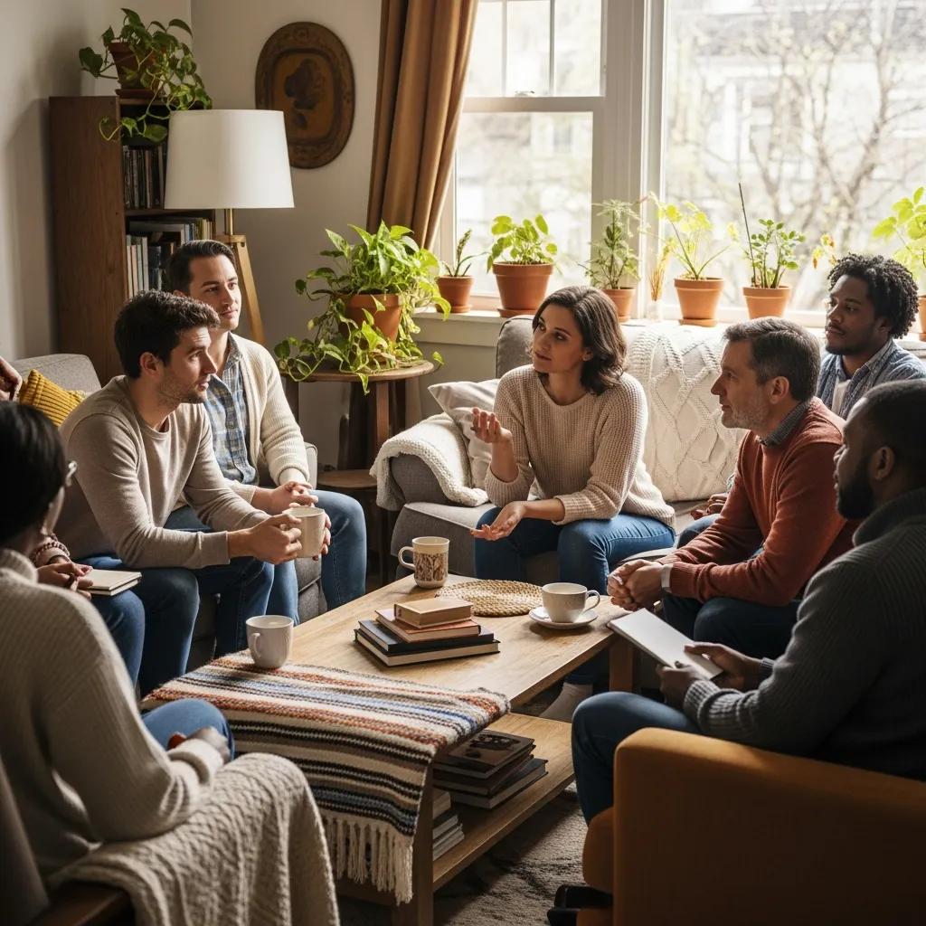 Diverse group discussing reproductive rights in a cozy living room